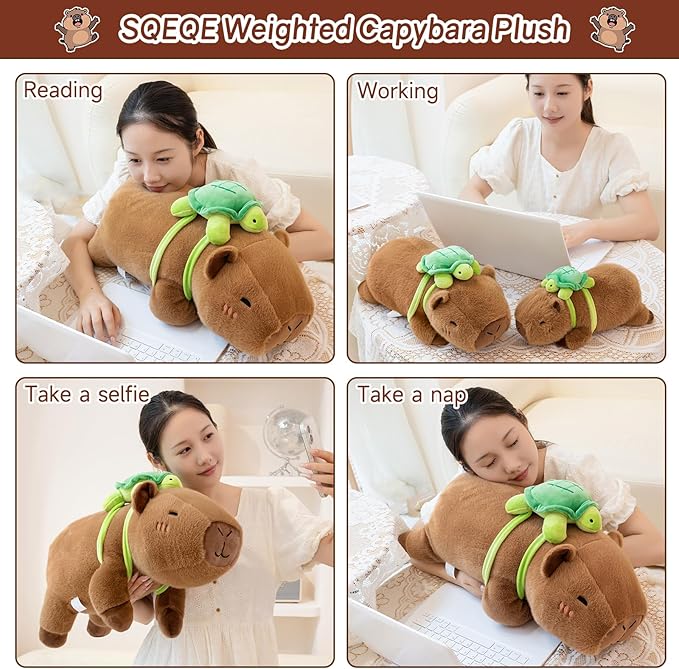 SQEQE Weighted Stuffed Animals Capybara Plush, Weighted Capybara Stuffed Animals with Turtle Backpack, Soft Pillow Toy for Kids Adults, Birthday Present & Valentines Gifts 9.8 Inch, 0.8 Lb