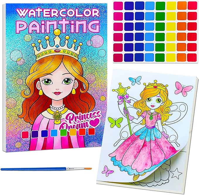 JUNQIU Water Color Paint Sets for Kids, Watercolor Painting Coloring Books for Toddlers, Paint with Water Books for Kids Ages 4-8, Art Craft Kits for Girls Boys Drawing with Brush