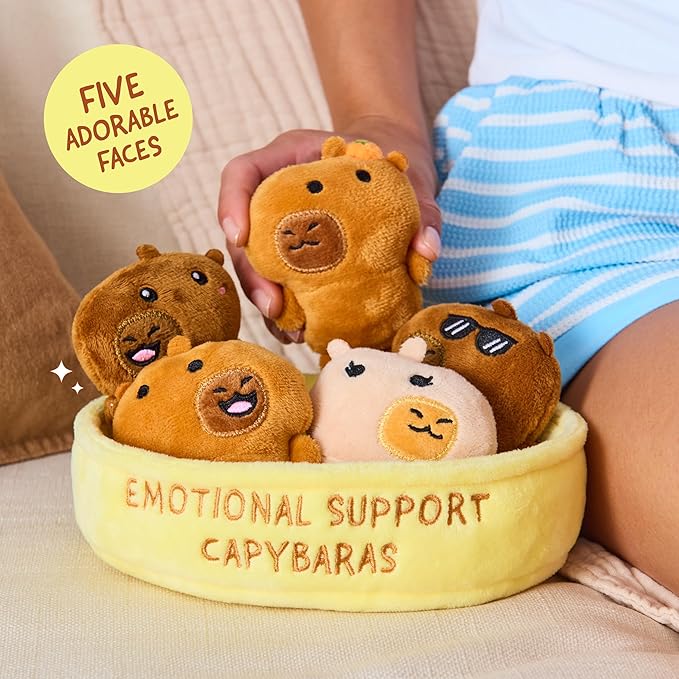 Emotional Support Capybaras by Relatable, Cuddly Stuffed Animals and Plushies Set, Small Gifts for Mom, Includes 5 Capybaras Plush Toys with Carrying Basket