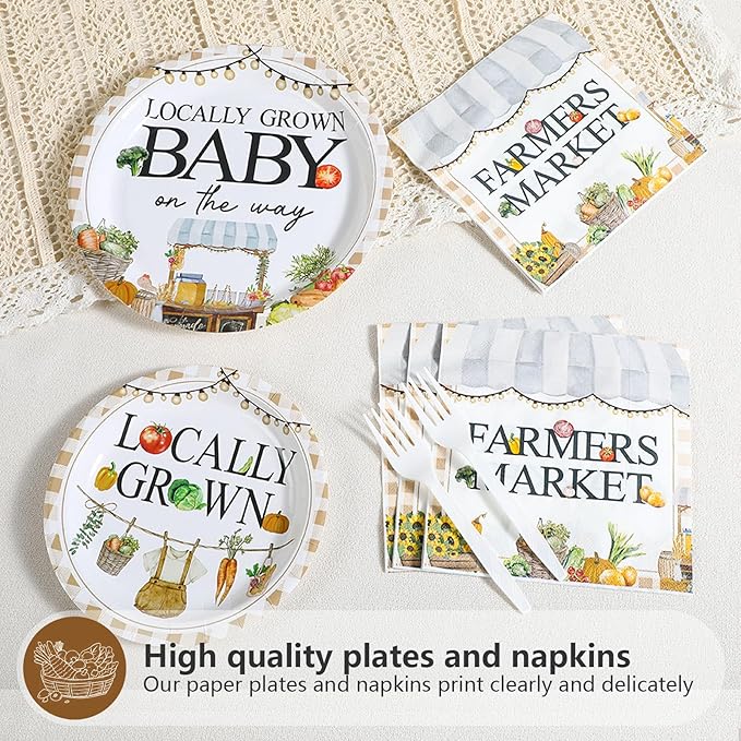 Grencian 96Pcs Locally Grown Baby Shower Decorations Farmers Market Party Plates and Napkins Vegetable Theme Disposable Tableware for Food Market Party Baby Shower Decorations Serves 24