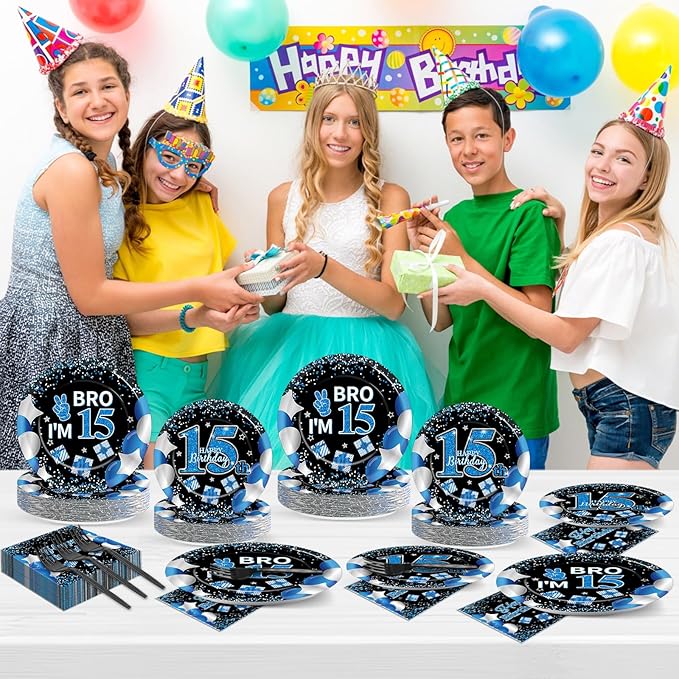100 Pcs 15th Birthday Decorations for Teen Boys Blue and Black 15th Plate Napkin Forks Set Disposable Teen 15 Year Old Birthday Tableware Dinnerware for I’m 15 Bro Party Supplies Favors Serve 25