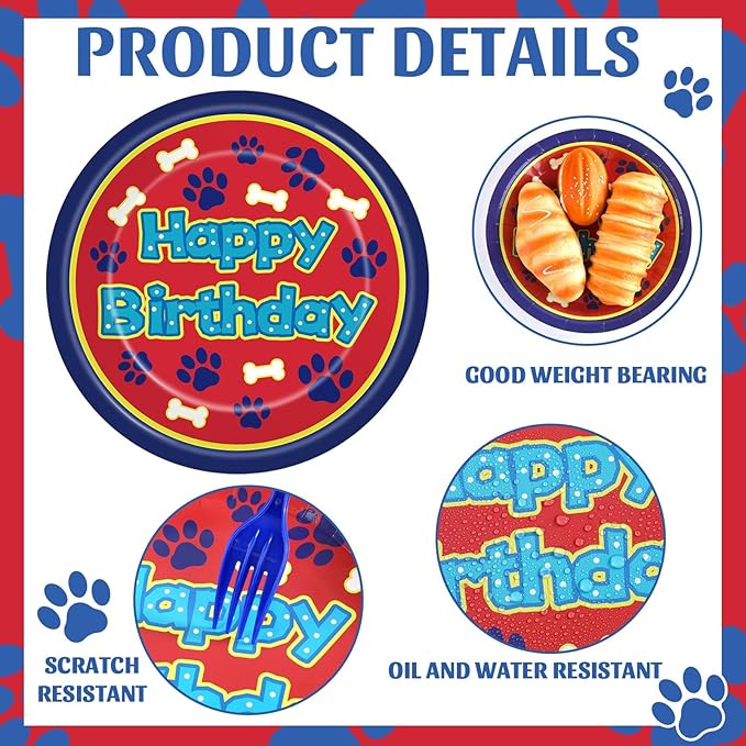 96 Pcs Cartoon Dog Birthday Party Plates and Napkins Paw Print Party Decorations Puppy Theme Supplies Lets Pawty Paper Dessert Plates Tableware Set for Kids Boy Girl Baby Shower 24 Guests