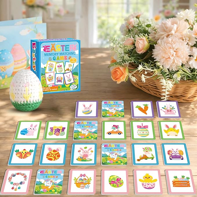 gisgfim 100 PCS Memory Matching Game Easter Concentration Memory Games Card Learning Educational A Fun & Fast Easter Egg Bunny Religious Cross Matching Games