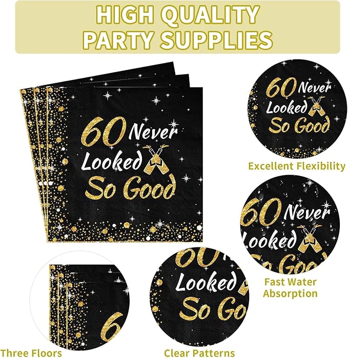 Grencian 96Pcs 60th Birthday Party Decorations Vintage 1966 Birthday Plates and Napkins Black and Gold Tabeware Sets Cheers to 60 Years Decorations for Mens Womens 60 Year Old Party Supplies Serves 24