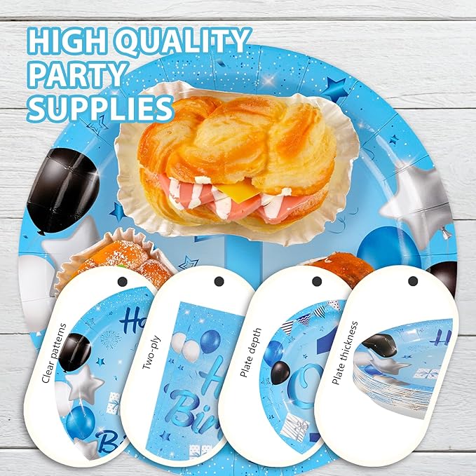96Pcs Blue 1st Birthday Party Decorations Mr Onederful Plates and Napkins Baby Boy Happy Birthday Tableware Set Supplies for One Year Old Baby Shower Holiday Party Favors Serves 24