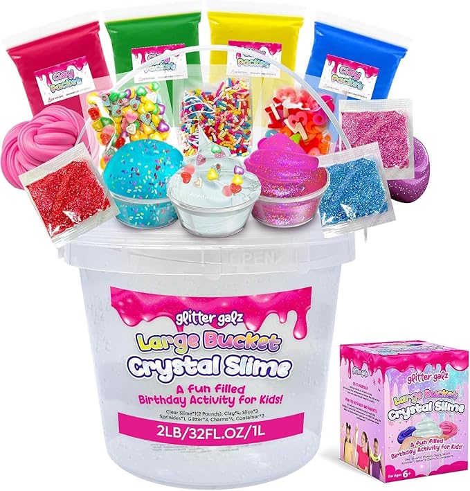 2 LB Large Bulk Glassy Clear Slime Bucket Toy for Kids Premade Crystal Slime Pack with Add-Ins and Charms Sensory Toy Bulk Slime Kit for Girls Ages 7-12, Easter basket filler