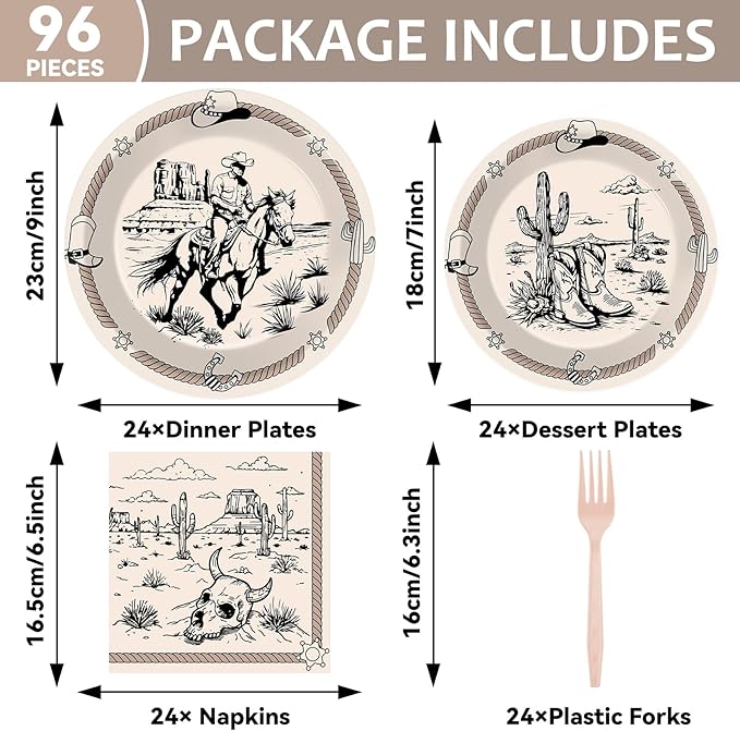 96Pcs Cowboy Party Plates and Napkins for Western Birthday Supplies First Rodeo Bachelorette Themed Paper Dessert Plates Cowboy Ranch Tableware Set for Kids Boys 24 Guests Birthday Party Decorations