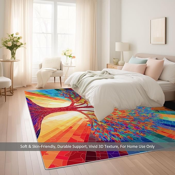 Colorful Tree of Life Rugs for Living Room Bedroom 5.6×8ft Washable Non-Slip Accent Carpet for Dining Room, Ultra-Thin Low-Pile Rug for Bedside Home Decor