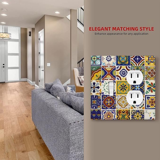 Talavera Kitchen Mexican Tile Combination 1-Toggle 1-Duplex Receptacle 2 Gang Wall Plate, Yellow/Blue Moroccan Mexico Mosaic 2 Gang Combo Single Toggle/Light Switch One Duplex Outlet Faceplate Cover