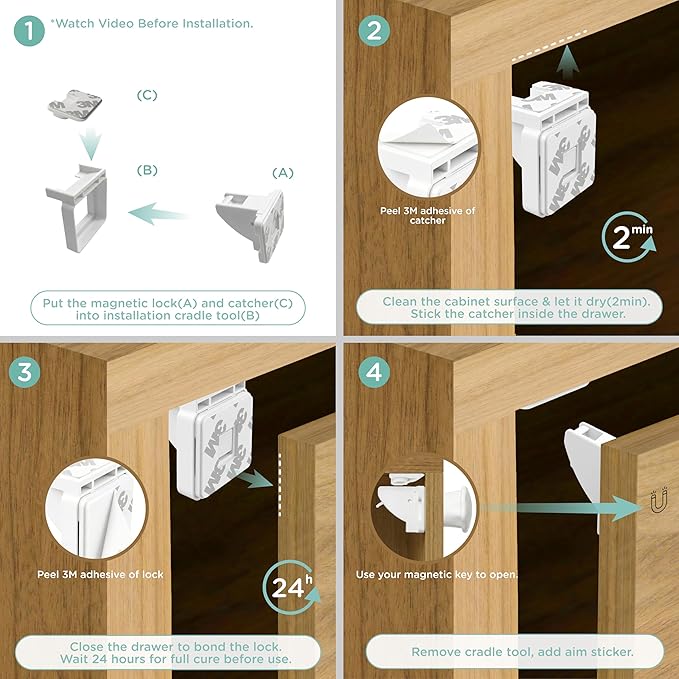 16 Pack Cabinet Locks Baby Proofing - SKYLA HOMES Children Proof Magnetic Cabinet Locks for Cupboard, Drawers, Adhesive Baby Proof Latches (16 Locks and 2 Keys)