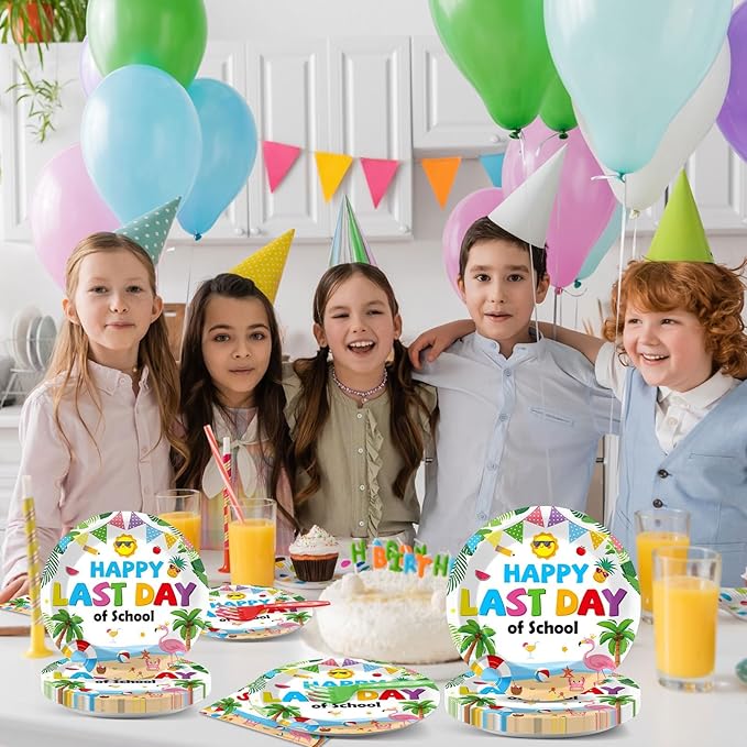 96 Pcs Happy Last Day of School Paper Party Plates and Napkins for Summer Tropical Beach Pool Supplies Summer End of School Year Dessert Tableware Set for 24 Guests Birthday Party Decorations
