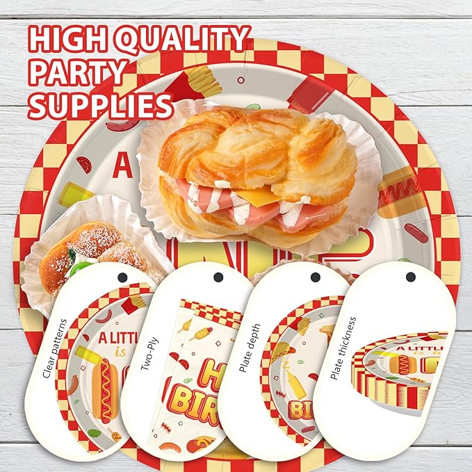 96Pcs Hot Dog Party Supplies 1st Birthday Plates and Napkins Fast Food Sausage Hotdogs Disposable Tableware Sets for Kids Boys One Year Old Birthday Baby Shower Party Decorations Serves 24