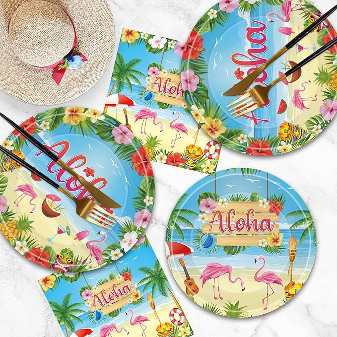 40 Pcs Aloha Party Decorations - Hawaiian Plates and Napkins, Tropical Luau Dinner Dessert Paper Plates Flamingo Napkins Disposable Tableware Set for Hawaii Summer Party Supplies Decor, Serves 20