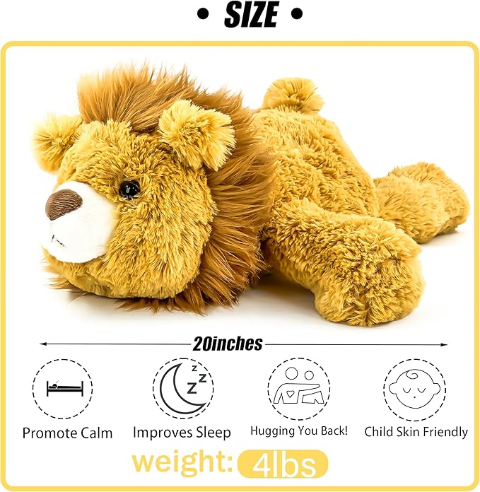 YOUBLEK 20" | 4 Pounds Weighted Stuffed Animals,Sensory Comfort Plush Throw Pillow Toy, Soft for Home & School, Kawaii Plushies Hugging Toy Gifts for Kids & Adults (Lion, 20 inch 4 Pounds)