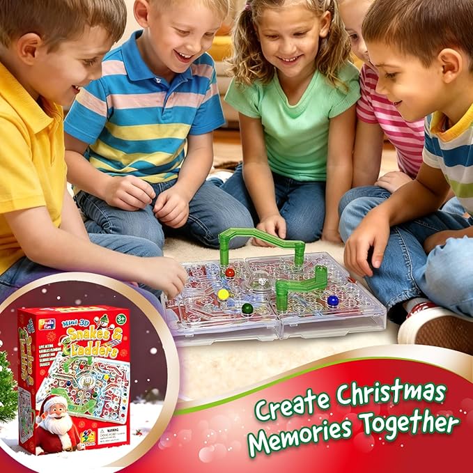 3D Snake & Ladders - Christmas Edition | Festive Foldable Board with 3D Plastic Ladders | Portable Travel Game, No Batteries Needed | Ideal Holiday Party Game for Family