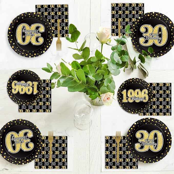 96PCS 30th Theme Birthday Party Tableware Vintage 1996 Party Supplies 30 Year Old Birthday Decorations Plates Napkins Forks Black and Gold Dinnerware Favors for Men or Women