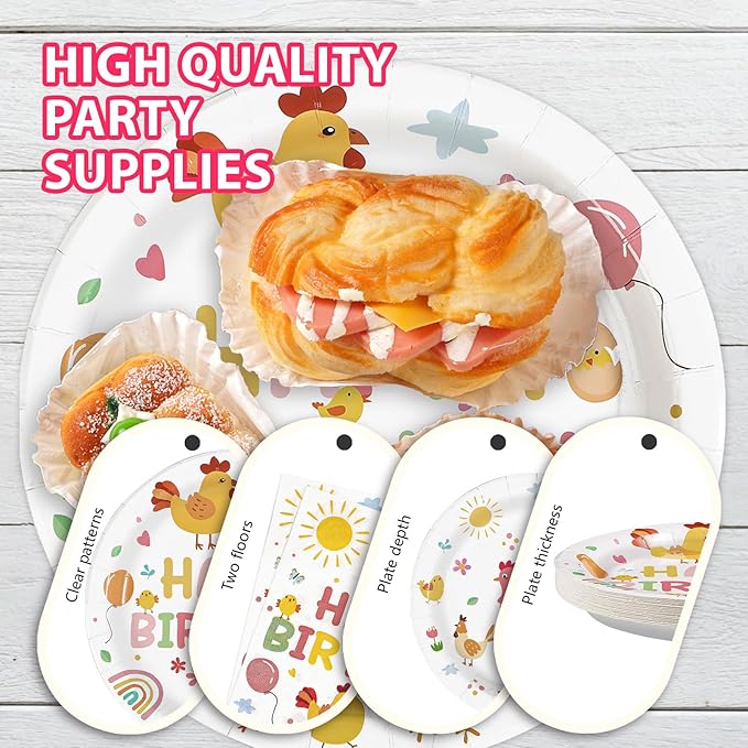 Grencian Chicken Birthday Party Decorations - 96Pcs Little Chick Birthday Plates and Napkins Farm Animal Barnyard Baby Shower Disposable Tableware for Kids Boys Girls Chicken Themed Party Decorations