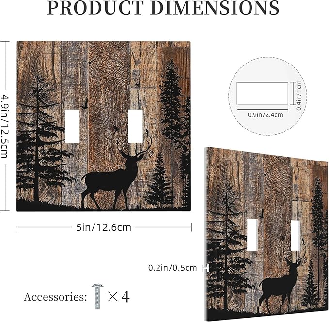Decorative Switch Plates Rustic Forest Antler Elk Deer Silhouettes Animals Wood Grain 2 Gang Double Toggle Wall Plate Outlet Light Switch Cover Electrical Faceplate for Farmhouse Home Decor