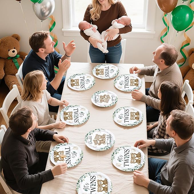 96 Pcs Twin Baby Shower Party Decorations Twin Bear Paper Plates and Napkins It's Twins Sage Green Disposable Tableware Set for Twins Baby Shower Boys Girls Birthday Party Supplies, Serves 24