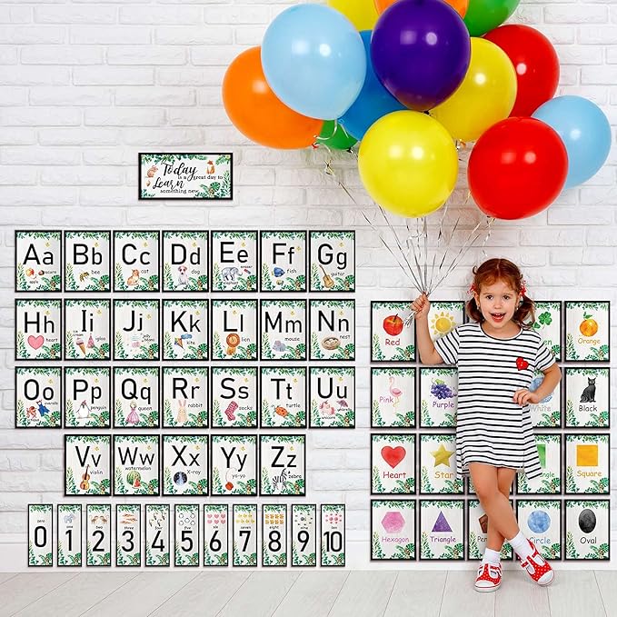 58 Pieces Educational Preschool Cards Kids Early Learning Poster Alphabet Number Colors and Shapes Bulletin Board Decoration Kindergarten Classroom Learning Card with Glue Point Dot (Fresh Style)