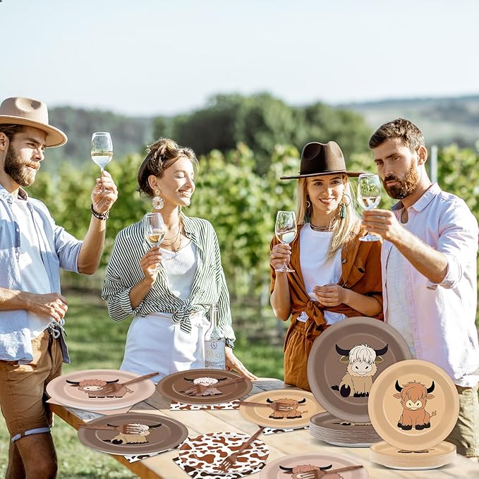 96Pcs Highland Cow Birthday Party Supplies Brown Highland Cows Paper Plates Napkins Holy Cow Park Party Tableware Disposable Checkered Dinnerware Decoration Set for Kids Birthday Baby Shower Table Dec