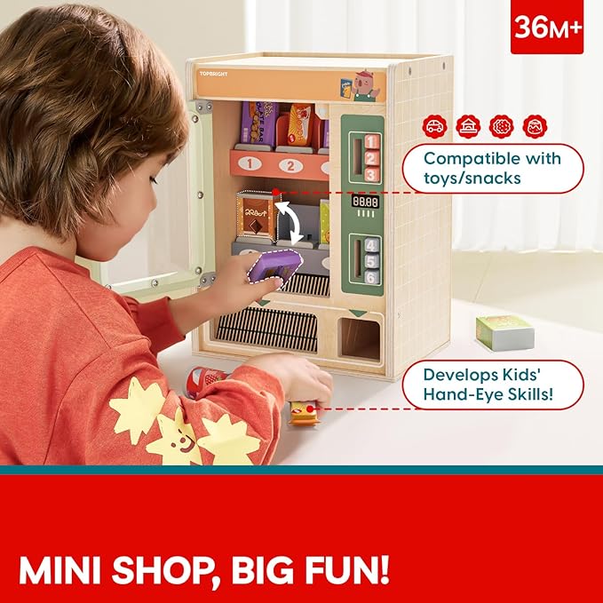 TOP BRIGHT Wooden Vending Machine Play Set, Play Food for Kids，Pretend Play Toys with Wooden Snack Bars and Drink Cans, Montessori Toys for Boys Girls Capybara Gift Age 3+ (Vending Machine)