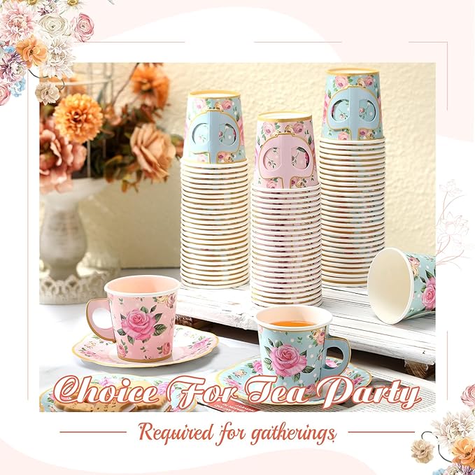 Umigy 36 Sets Mother's Day Tea Party Decorations 6.5 oz Floral Paper Teacups & Saucer Set for Girls Women Tea Parties Mothers Day Bridal Shower Wedding Birthday Party Decorations(Blue Pink)