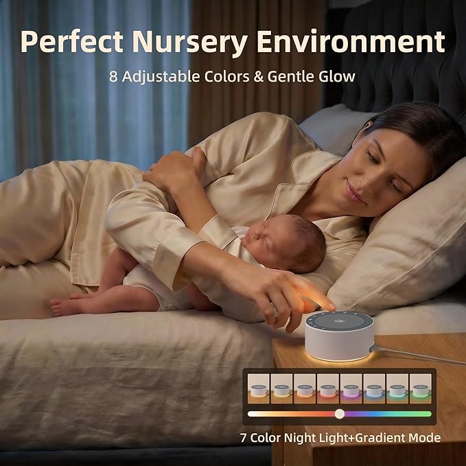 Kipcush White Noise Machine with Night Light – Nursery Sound Machine with Soft Non-Glare Lamp, 30 Soothing Sounds, 8 Color Lights, Up to 8-Hour Timer for Baby & Adults
