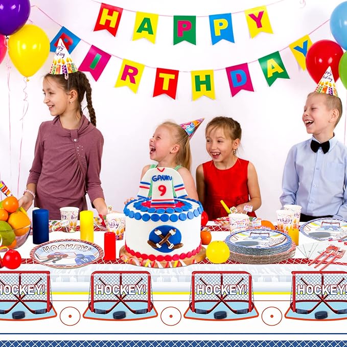 Hockey Party Supplies - Serve 20-81Pcs Plates, Napkins, Tablecloth, Forks Set for Kid's Hockey Fans Birthday Gameday Theme Party Decorations
