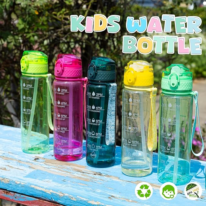 OLDLEY 17oz Kids Water Bottle for school Girls Boys, Motivational Water Bottles With Silicone Straw, Leak-Proof Tritan BPA-Free, Reusable water bottles for kids, Pear
