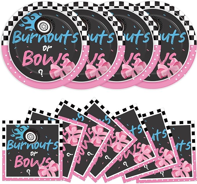 24 Guests Burnouts or Bows Gender Reveal Paper Plates Napkins Gender Reveal Party Decorations Baby Shower Party Supplies Disposable Dinner Tableware Set for Birthday Boys or Girls Serve 24