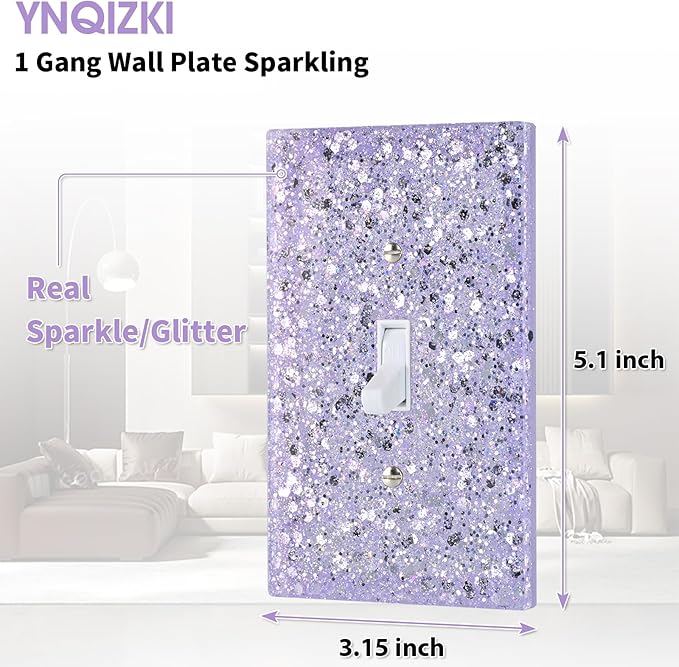 Purple Glitter Light Switch Cover,Sparkle Wall Plate for Girls Room,Single Toggle 5.10''x3.15''