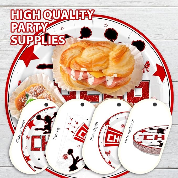 96Pcs Cheer Party Decorations Cheerleader and Loudspeaker Plates and Napkins Red Black White Sports Gymnastics Tableware Set for Girls' Cheer Birthday Ceremony Graduation Party Supplies Serves 24