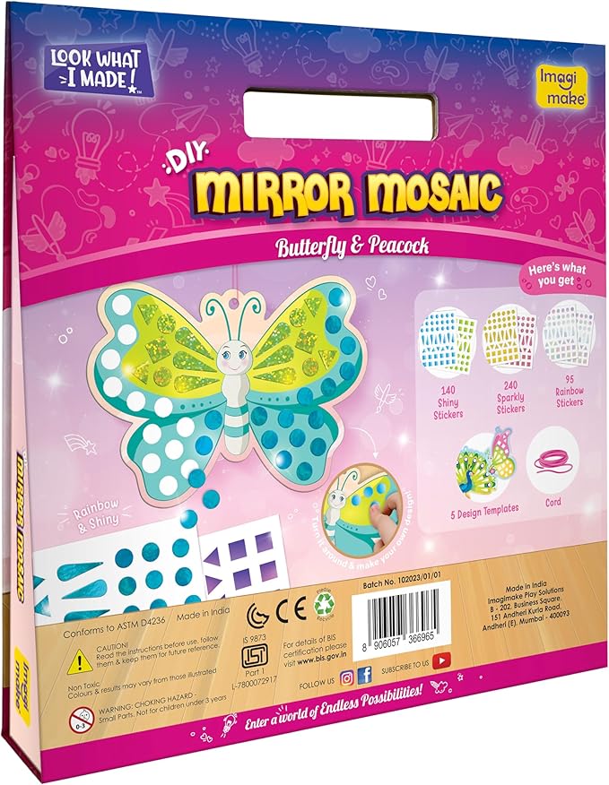 Imagimake Mirror Mosaic Butterfly & Peacock Kids Art Set | DIY Craft Kit | Foil Stickers for Kids Age 3+ | Travel Crafts for Kids Ages 4-8 | Birthday Gift for Girls and Boys Ages 3,4,5,6,7