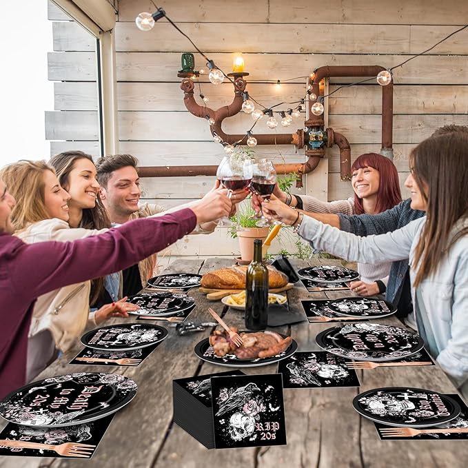 Qyeahkj 100 Pcs 30th Birthday Party Supplies Death to My 20s Paper Plates and Napkins Set Disposable Black Rose Gold Rip to My 20s Tableware Decorations for Women Funeral Youth Party Serve 25 Guests