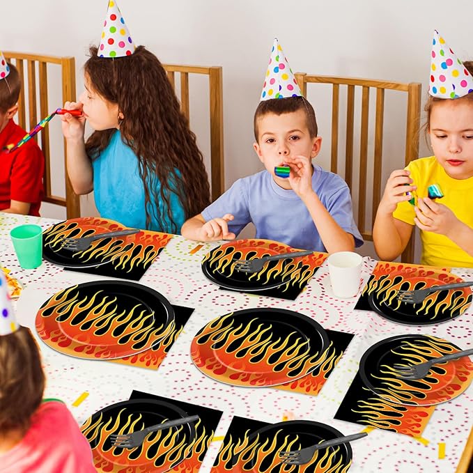 96Pcs Flame Racing Party Plates and Napkins for Fire Flame Birthday Party Supplies Motorcycle Themed Paper Dessert Plates Fire Heroes Tableware Set for Kids Boys 24 Guests Birthday Party Decorations