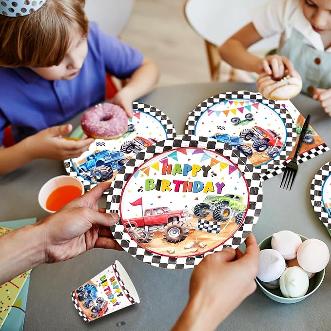 144pcs Monster Truck Birthday Party Decorations Plates Napkins Disposable Truck Paper Cups Monster Truck Party Supplies Tableware Set for Kids Boys Birthday Decor Serve 24 Guests