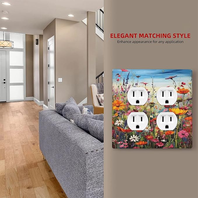Colorful Wildflowers Painting Floral Flower Outlet Covers 2 Gang Double Duplex Decorative Light Switch Covers Electrical Wallplates Socket Faceplate for Bedroom Living Room Decor