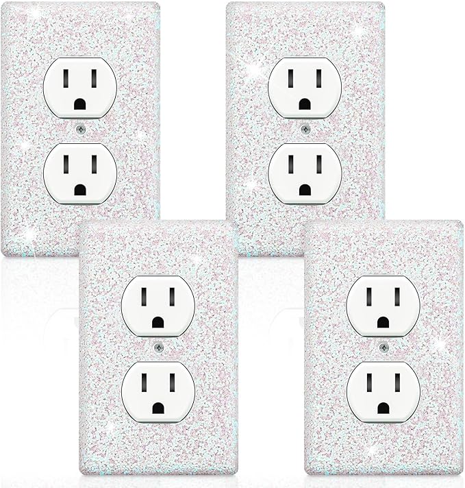 Yexiya 4 Pcs Pink Glitter Light Switch Covers Preppy Room Decor, Cute Pink Bling Outlet Wall Plate Covers for Nursery Women Teens Princess Theme Room Decor(White)