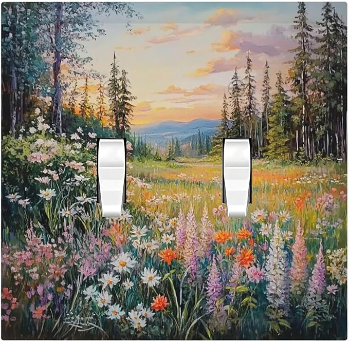 Decorative Switch Plates Floral Landscape Rustic Nature Wildflower 2 Gang Double Toggle Outlet Light Switch Cover Wall Plate Electrical Faceplate For Bed Room Living Room Decor