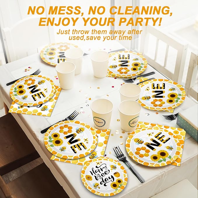 Qyeahkj 100 Pcs Bee 1st Birthday Party Supplies Paper Plates and Napkins Set Disposable Bee First Birthday Tableware Decorations for Bees Theme Baby Shower Serves 25