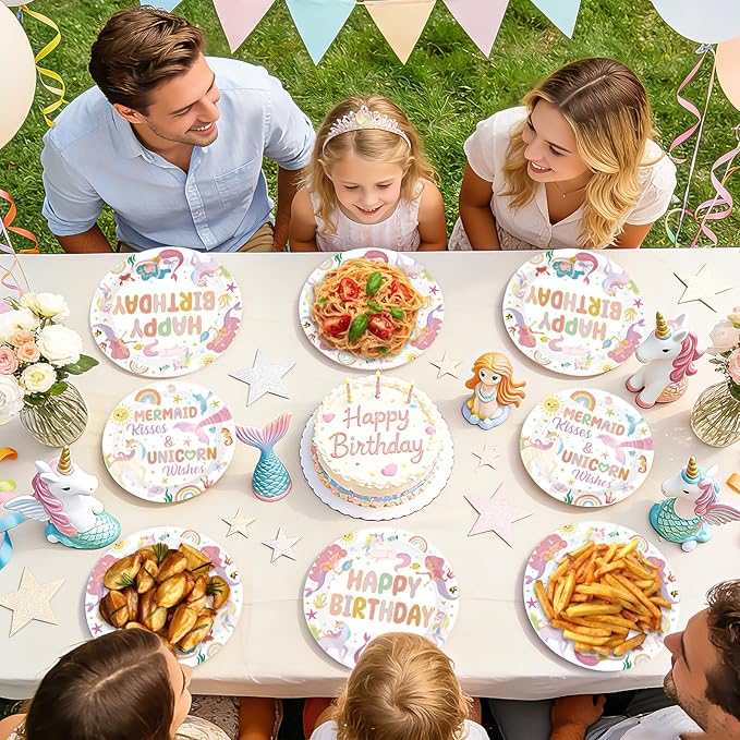 96 Pcs Mermaid Unicorn Birthday Party Decorations Cartoon Mermaid Paper Plates and Napkins Magical Pastel Rainbow Unicorn Tableware Sets for Girls Happy Birthday Baby Shower Party Supplies Serves 24