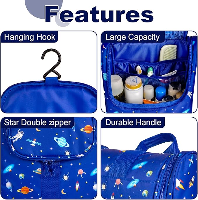 Remobia Hicol Cute Cartoon Hanging Kids Toiletry Bag Children Travel Cosmetic Makeup Organizer Wash Bag Shower bag Over Night Bag Camping Shaving Kit Bag for Boys & Girls (Astronaut)