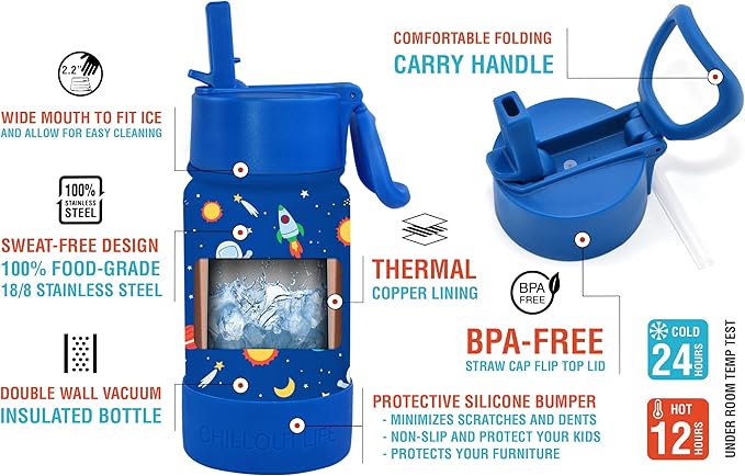 CHILLOUT LIFE 12 oz Kids Insulated Water Bottle for School with Straw Lid Leakproof and Cute Waterproof Stickers, Personalized Stainless Steel Thermos Flask Metal Water Bottle, Blue Space