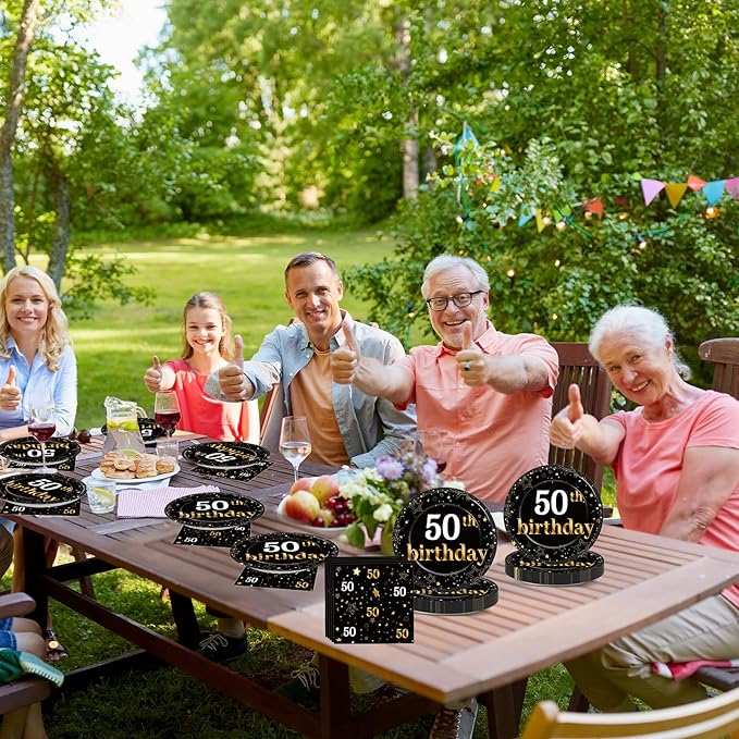 Qyeahkj 48Pcs 50th Birthday Paper Plates and Napkins Black and Gold Happy Birthday Party Decorations Cheers to 50 Years Party Supplies 50 Years Old Disposable Tableware Set for Women Men Serve 24