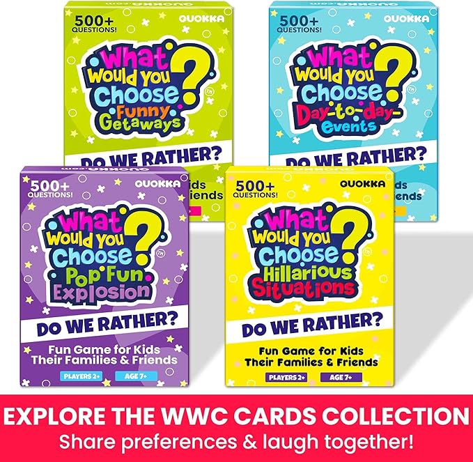 QUOKKA 4-Pack Card Game – 2000+ Hilarious Questions – Funny Family & Party Board Games for Kids, Teens, Adults – Travel, Pop Culture, Daily Life & Situations – What Would You Choose Challenges Ages 8+