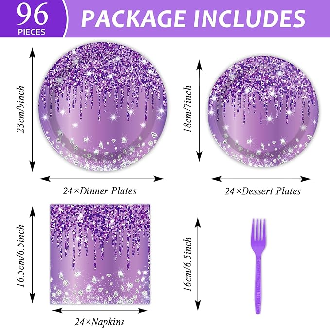 96 Pcs Purple Silver Tableware Set for Birthday Party Decor Disposable Dessert Plates Napkins Forks for 24 Guests Elegant Purple Tableware for Women Girls Baby Shower Bridal Shower Party Supplies