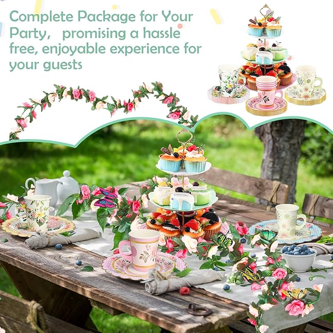 121 Pcs Floral Tea Party Dinnerware Set Include 9 oz Paper Cups and Saucers, Napkins, 3 Tier Cake Stand, Serving Platter, Butterfly Decorations, Flower Banner Tableware for Birthday Wedding
