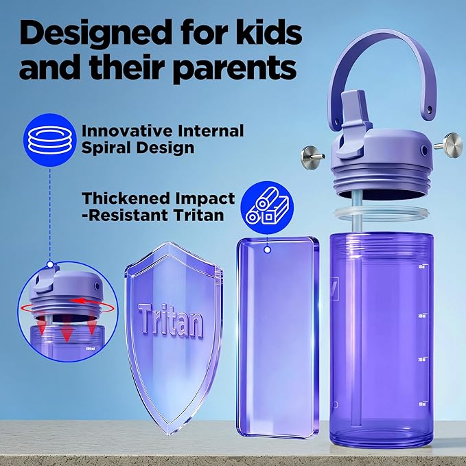 12oz Kids Water Bottle, BPA Free Thick Tritan Plastic Reusable, Clear Water Bottle with Straw, Leakproof Lid, Dishwasher Safe, Boy girl for School,Travel Purple