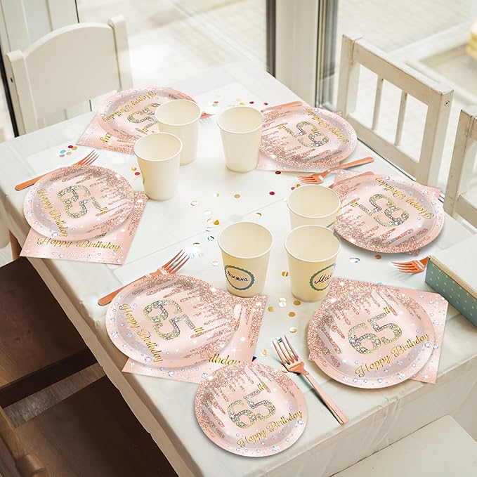 CHUNNIN 96Pcs 65th Birthday Decorations Pink Rose Gold Paper Plates Napkins Forks Set 65 Year Old Tableware Party Supplies Disposable Rose Gold Dinnerware Table Decor Favors for Women Serves 24